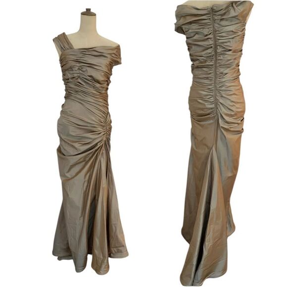 Tadashi Collection 100% Silk Ruched One Shoulder Formal Dress Gown in Gold - Picture 1 of 10